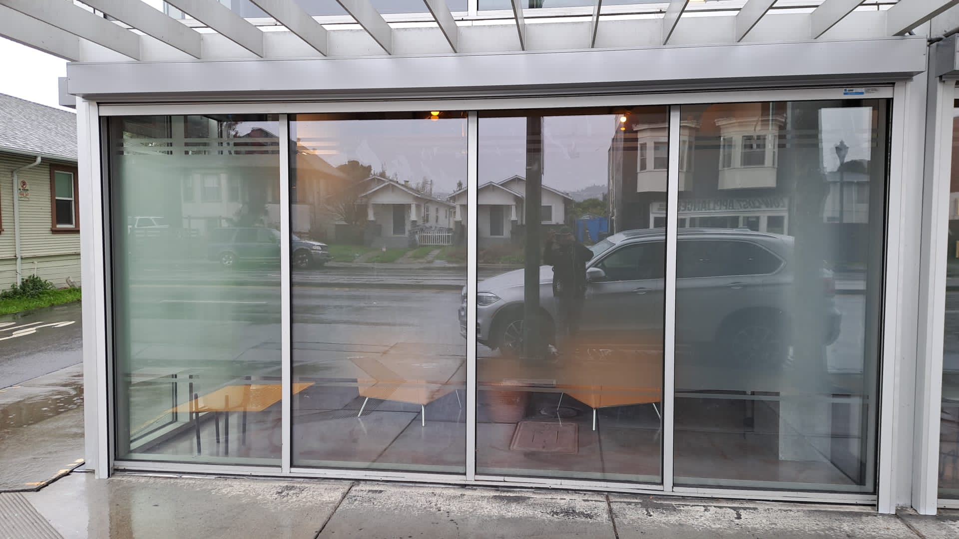 Commercial rolling security shutters on the exterior of an Oakland, California property
