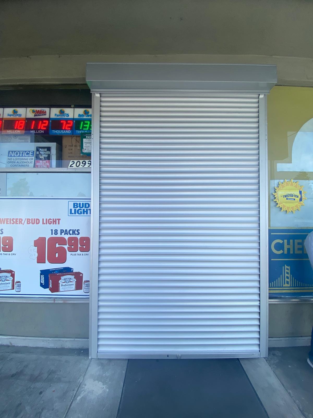Exterior rolling security shutters installed at a San Jose, California commercial property