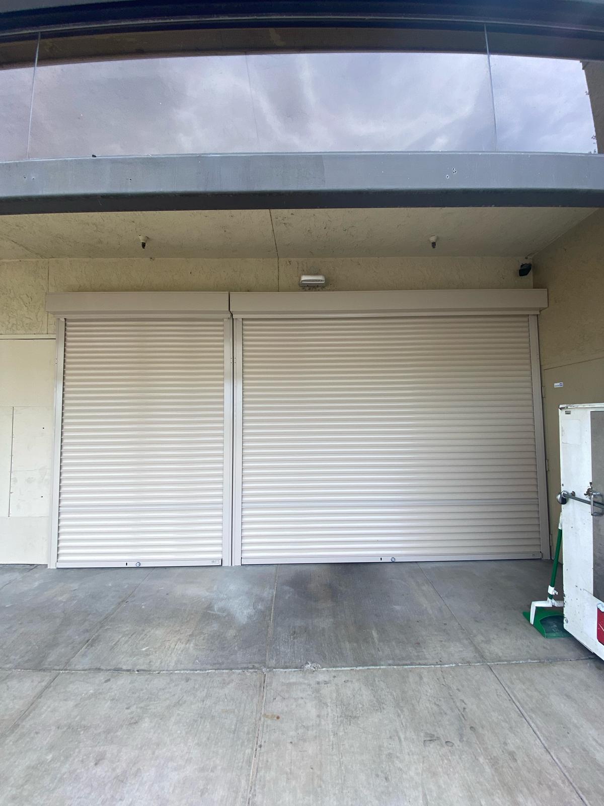 Exterior rolling security shutters installed at a Stockton, California commercial property