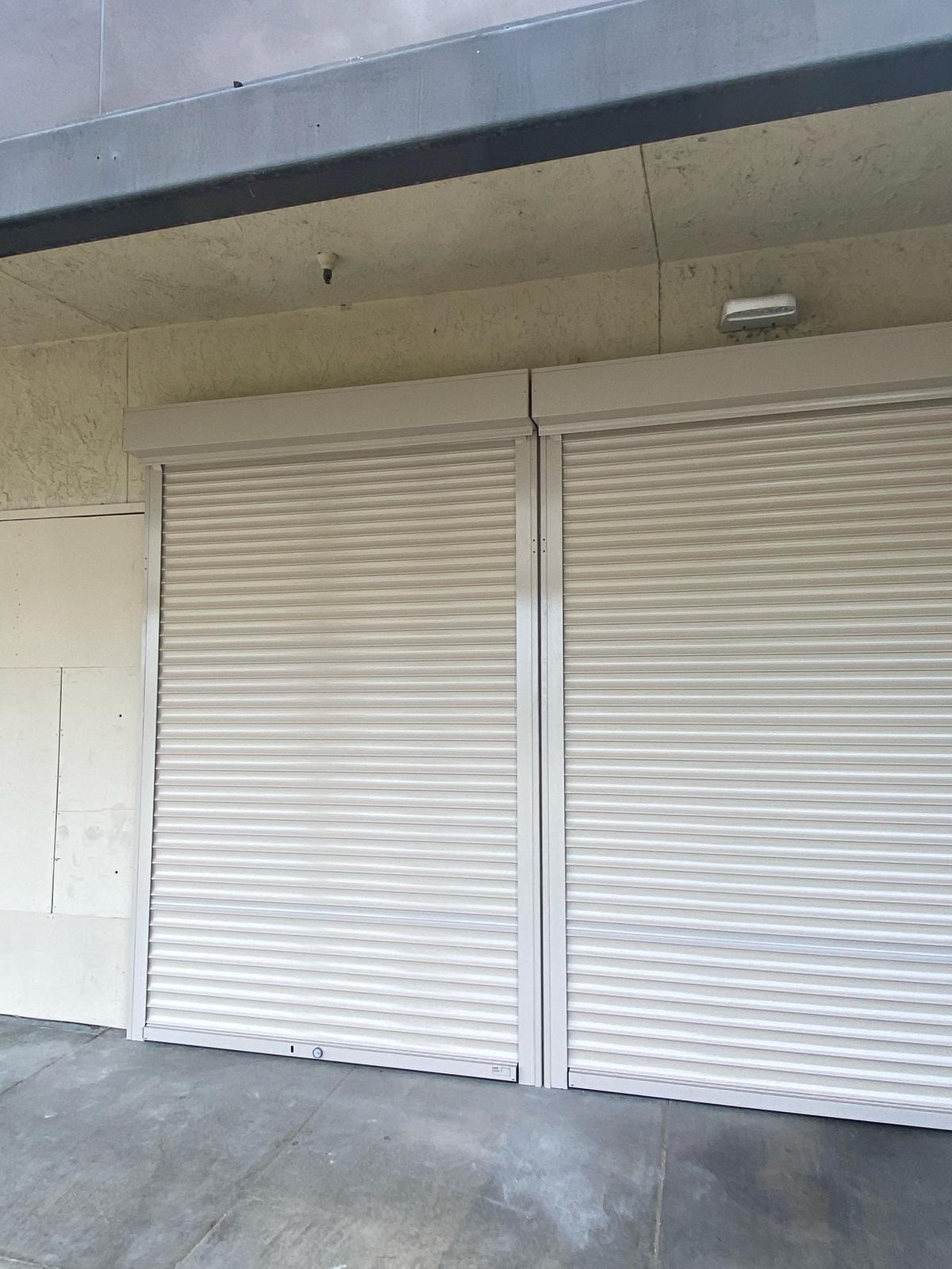 Exterior rolling security shutters installed at a Stockton, California commercial property